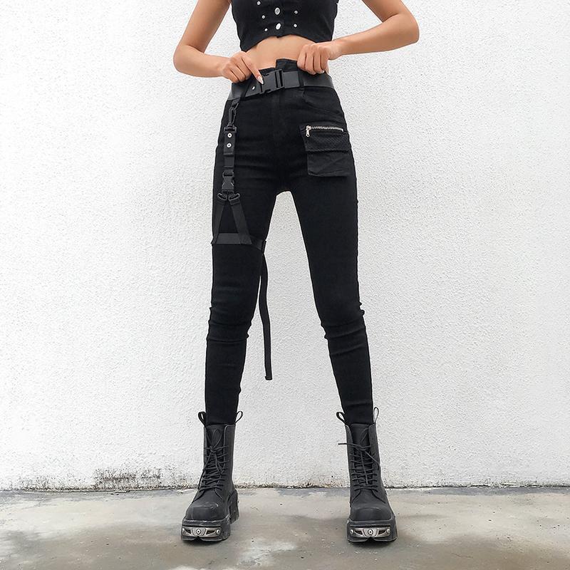 Black Cargo Pants With Buckle Belt - Aesthetic Clothing