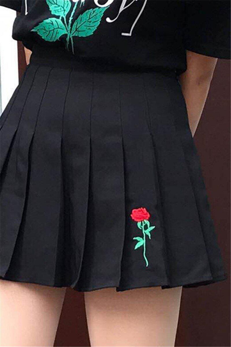 Black Faux Leather Embroidered Rose Mini Skirt - Aesthetic Clothing