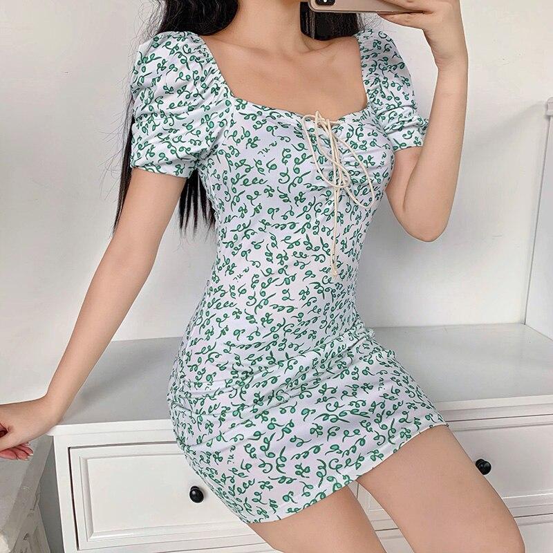 Green Floral Mini Dress - Aesthetic Clothing