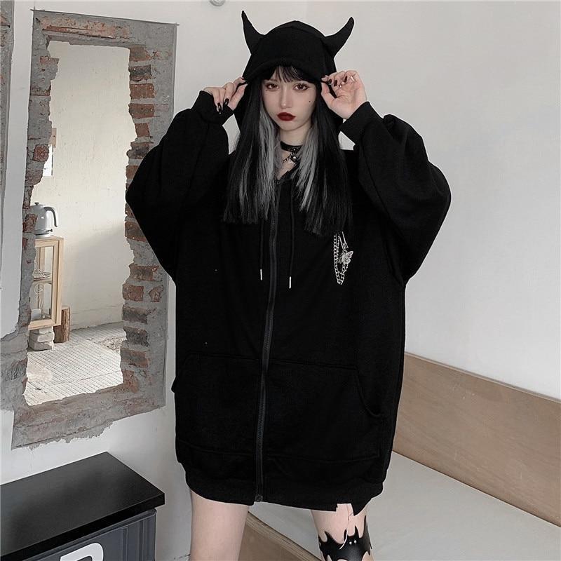 Oversized Black Zip Up Hoodie - Aesthetic Clothing