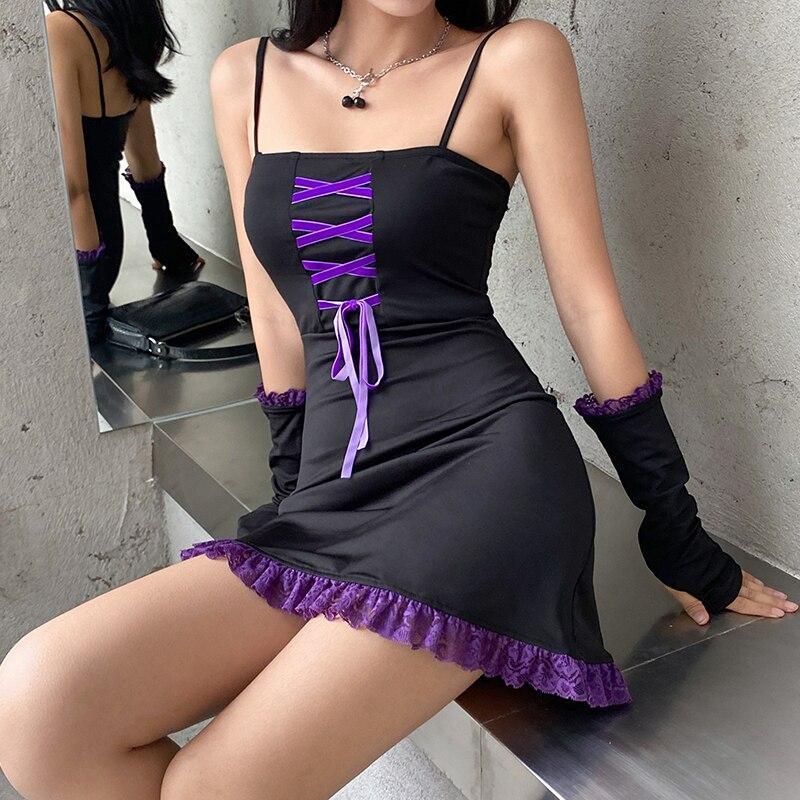 Purple Lace Mini Dress - Aesthetic Clothing