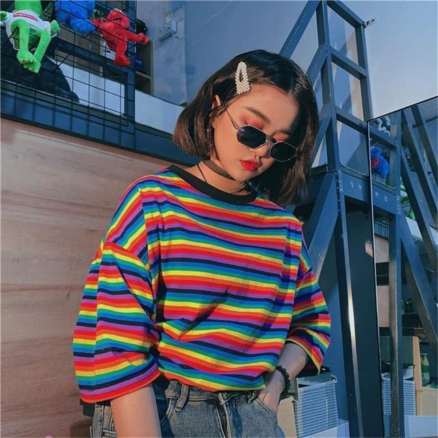 Womens Rainbow Striped Shirt - Aesthetic Clothing