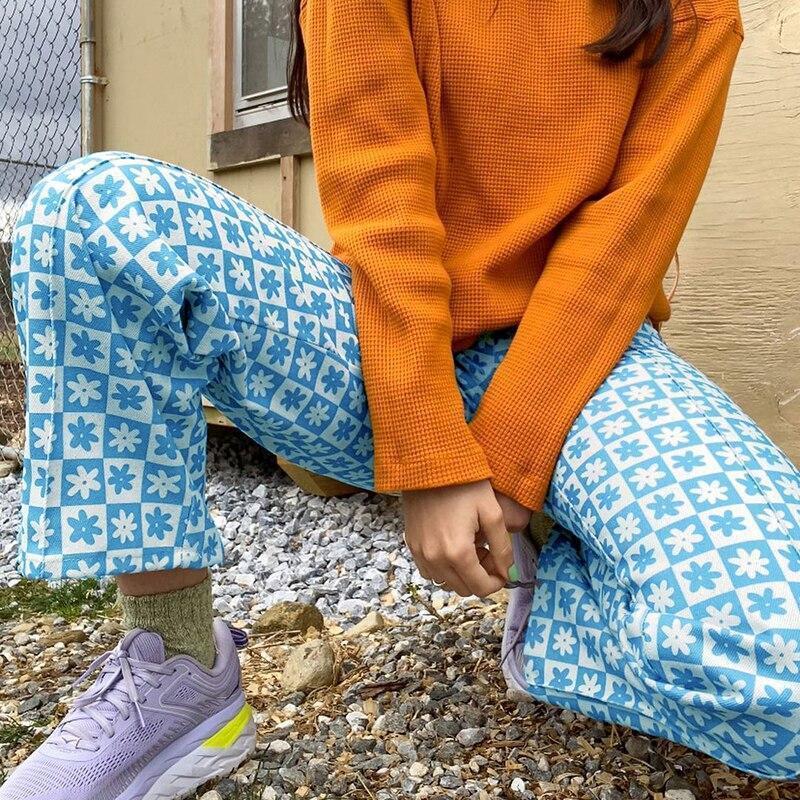 Blue Floral Print Pants - Aesthetic Clothing