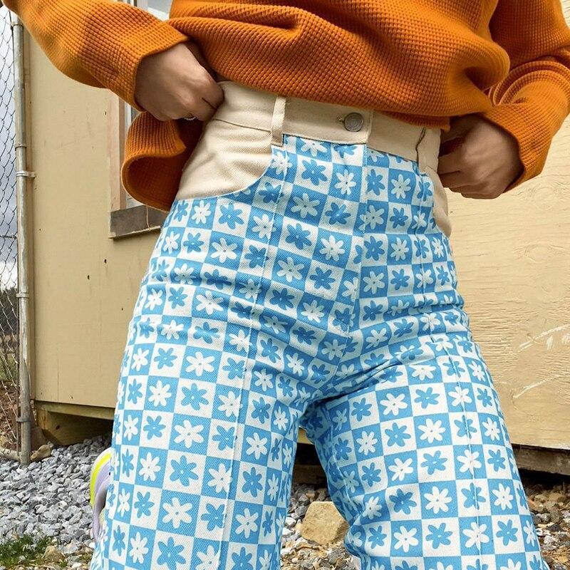Blue Floral Print Pants - Aesthetic Clothing