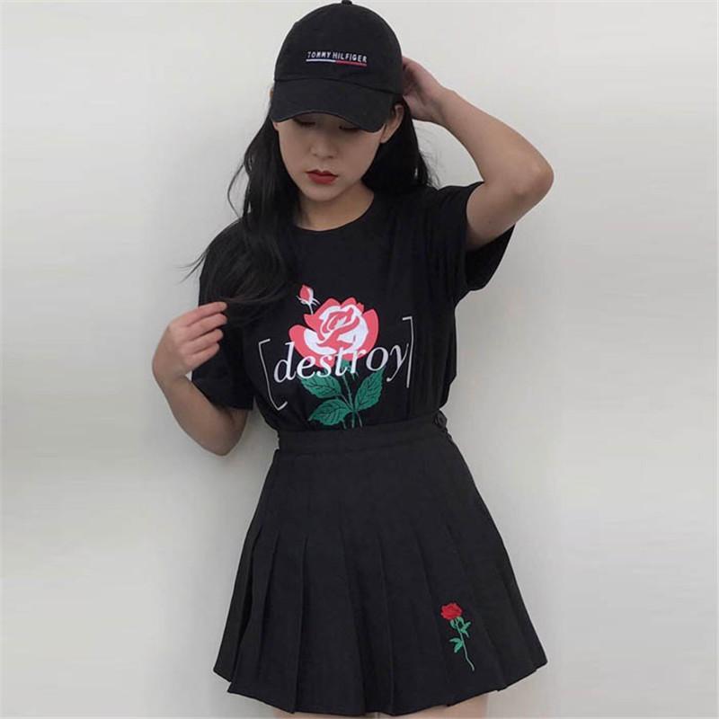 Black Faux Leather Embroidered Rose Mini Skirt - Aesthetic Clothing