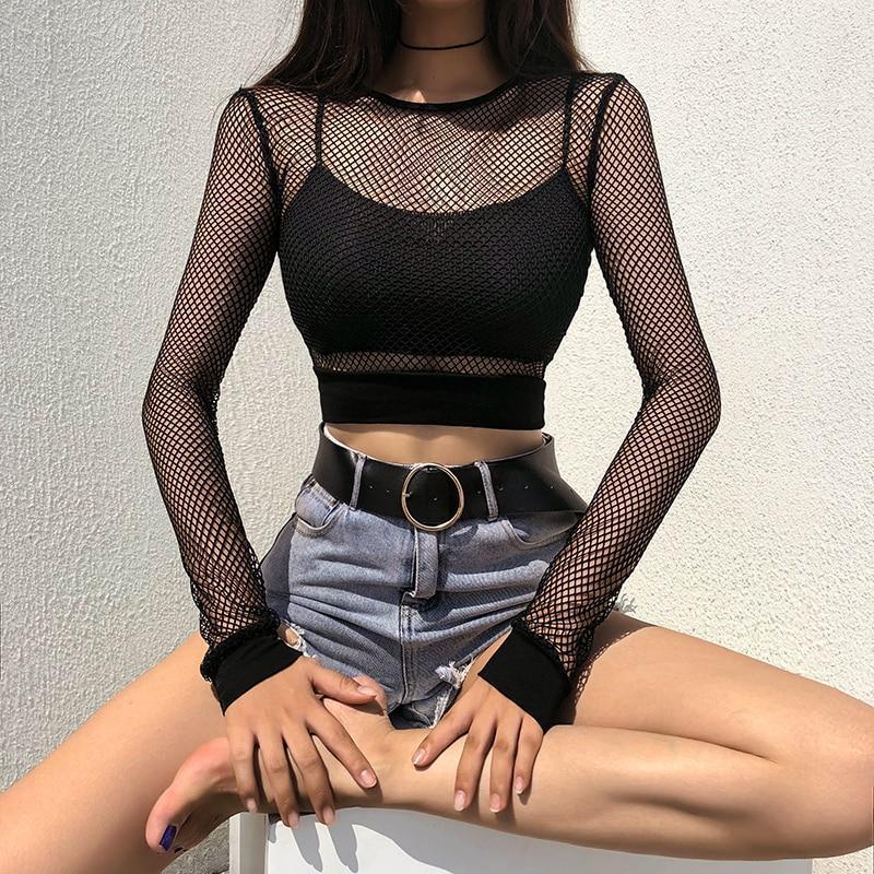 Black Fishnet Crop Top - Aesthetic Clothing