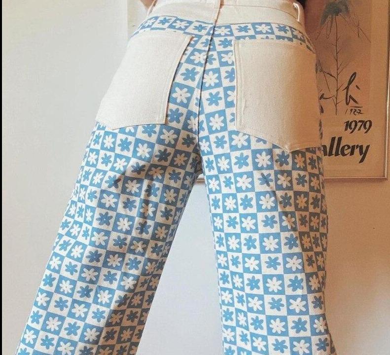 Blue Floral Print Pants - Aesthetic Clothing