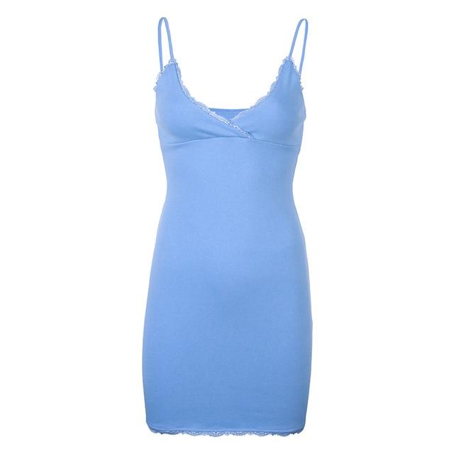 Blue V Neck Mini Dress - Aesthetic Clothing