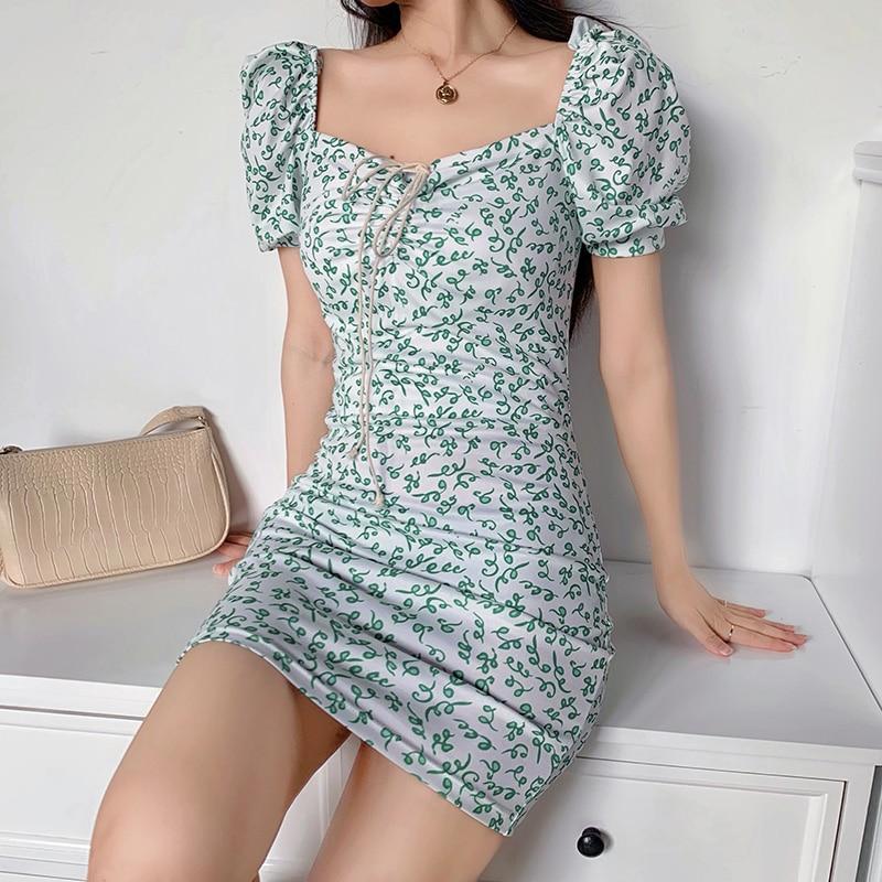 Green Floral Mini Dress - Aesthetic Clothing