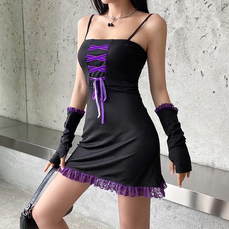 Purple Lace Mini Dress - Aesthetic Clothing