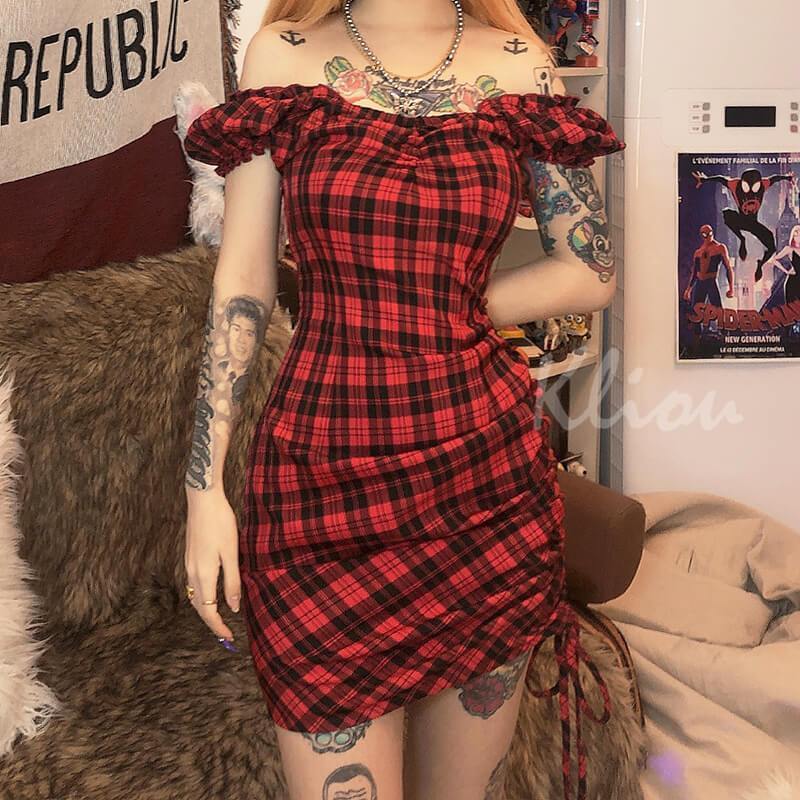 Red Plaid Mini Dress - Aesthetic Clothing