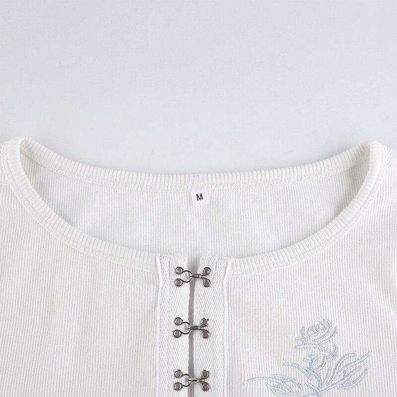 Rose Embroidered Crop Shirt - Aesthetic Clothing