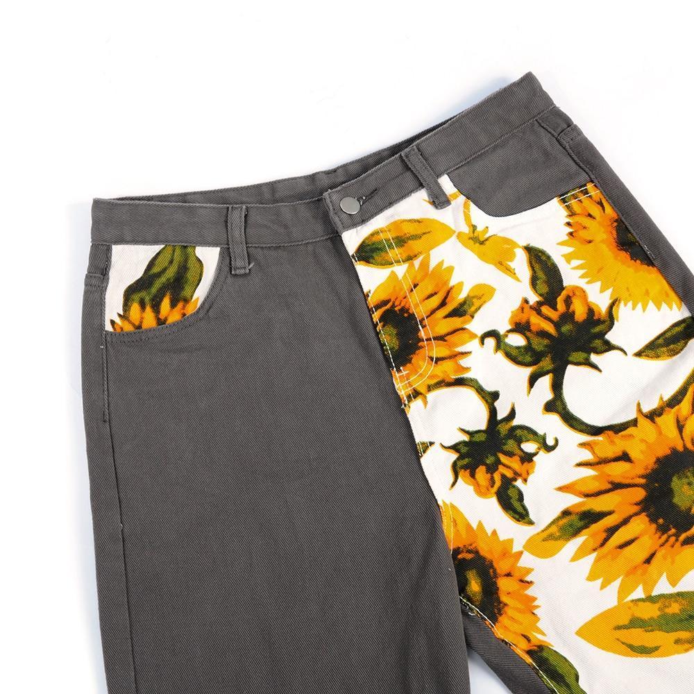 Sunflower Print Flare Pants - Aesthetic Clothing