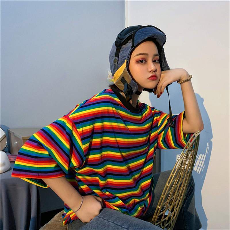 Womens Rainbow Striped Shirt - Aesthetic Clothing